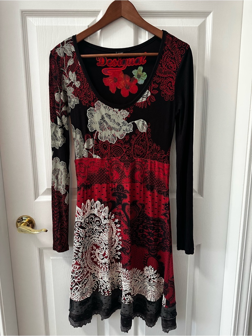 Desigual Judith Vintage Mixed Media Floral Dress Size L - Black/Red boho Y2K